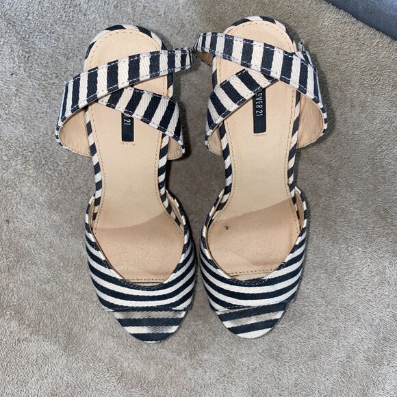 Forever 21 Striped Cork Wedge Heels | Nautical Black White Ankle Strap Sandals 8 - Picture 5 of 10
